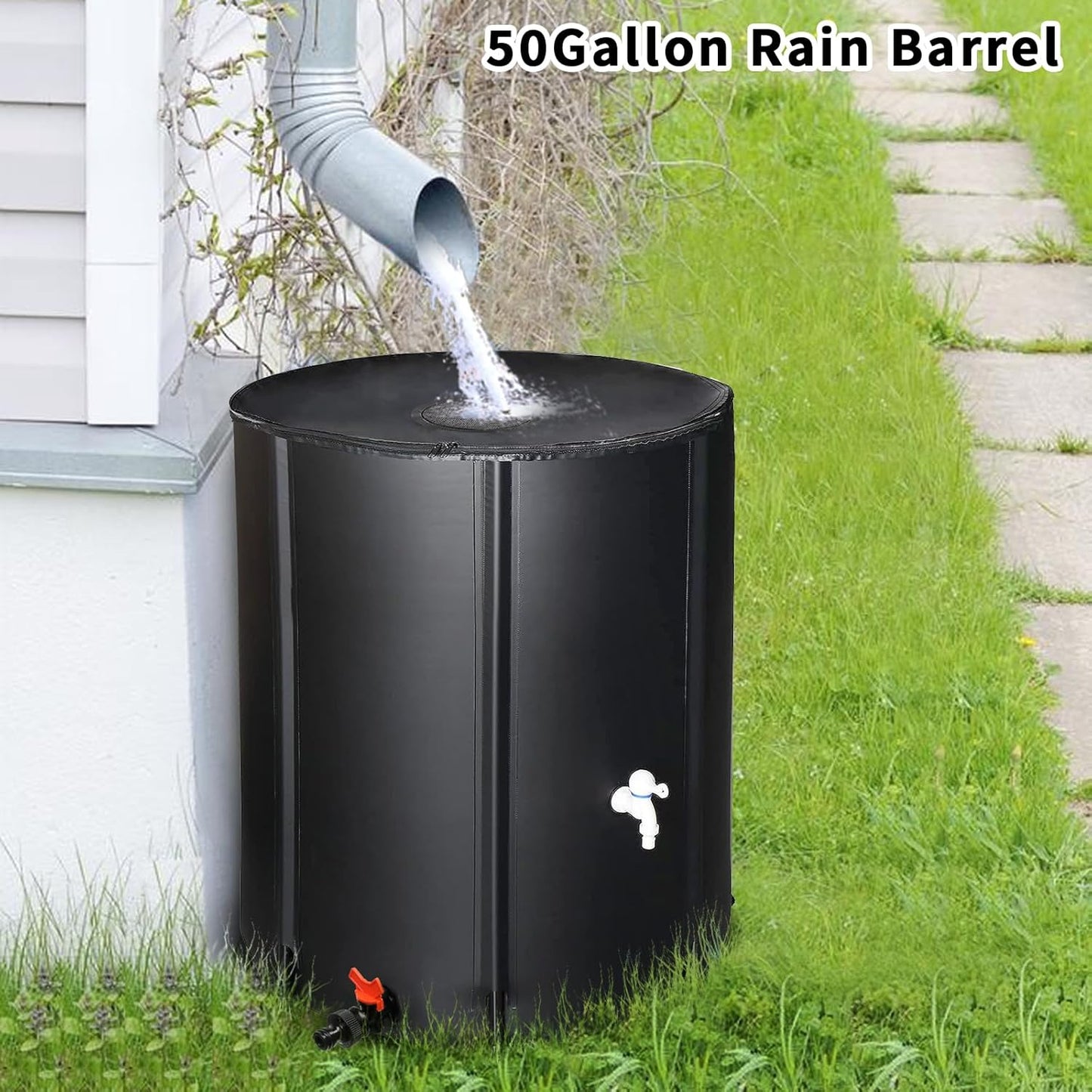 50 Gallon Collapsible Rain Barrel, Portable Rainwater Collection System, Water Storage Tank, Rain Catcher Barrel with Two Spigots and Overflow Kit, Rain Water Barrel Collector for Garden, Black