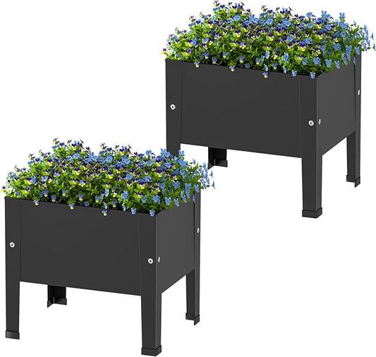 aboxoo 2 Packs 14 Inch Small Planter Raised Garden Bed with Legs,Outdoor Metal Planter Box for Patio,Elevated Garden Bed for Vegetables Flower Herb(Black)