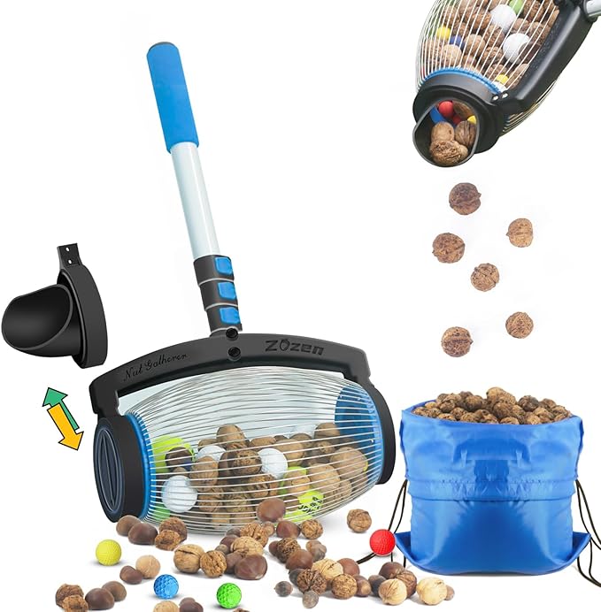 Zozen Nut Gatherer, 2 Dumping Method | Walnut Picker Upper Roller, Pine Cone Picker Upper - Apply to Pinecone, Hickory, Chestnuts, Buckeyes, Golf, Crab Apple Objects Size 1'' to 2.5''; 1.5 Gallon