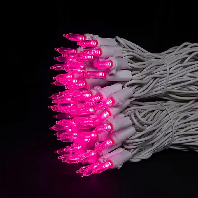 Pink LED Christmas Lights - 100 Count Pink Christmas String Lights for Tree, Party, Bedroom, Wedding, Indoor and Outdoor Valentines Day Decorations, 33 Feet White Wire, UL Certified, Connectable