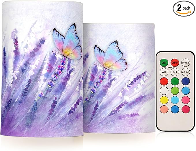 Flickering Flameless Candles, Lavender Butterfly Purple LED Candles with Remote Timer, Set of 2 Battery Operated Candle for Valentine Wedding Birthday