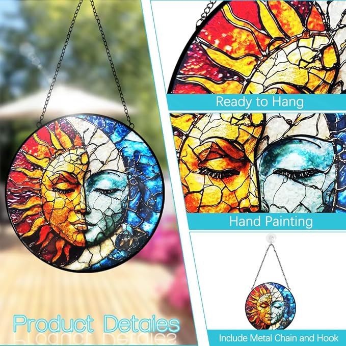 Sun and Moon Decor Stained Glass Window Hanging Suncatchers - Sun Catchers Indoor Window Christmas Decorations - Stained Glass Suncatcher with Hooks and Chain - Celestial Decor Gift for Men Women