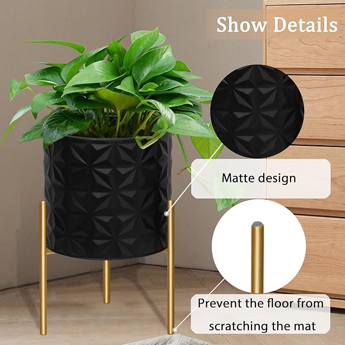 ARNIS Modern Planter Pots, Set of 2 Large Planters with Stand, Decorative Planters, Metal Pots with Drainage Holes for Living Room, Office, Garden or Balcony, 8.25 &10.5 Inch, Matte Black