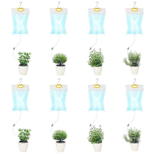 AHOUGER 8Pcs 3500ml Plant Life Drip Watering Bag, Automatic Drip Irrigation Kit Plant Watering Devices System Waterer for Indoor Outdoor Potted Plant with 8Pcs Hooks with Control Switch