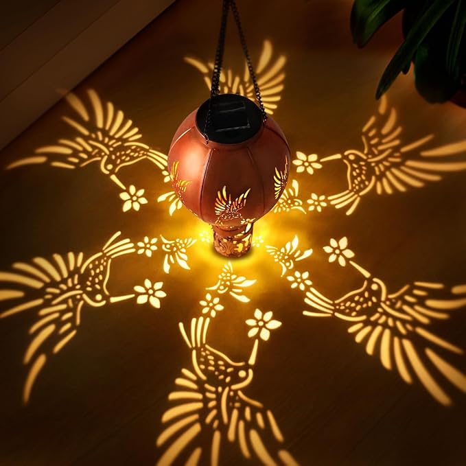 Hot Air Balloon Solar Garden Lights Outdoor Hummingbird Hollowed Metal Hanging LED Solar Lantern Waterproof Light for Garden Patio Yard Porch Christmas Decor Gifts for Women Mom Friends