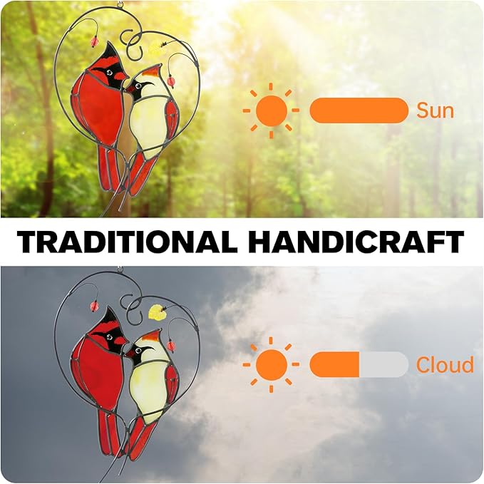 Cardinal Suncatcher Stained Glass for Window Hanging,Cardinal Gifts for Women,Red Birds Sun Catchers Christmas Decoration for Windows,Best Gift for Mom,Memorial Gifts for Birds Lover