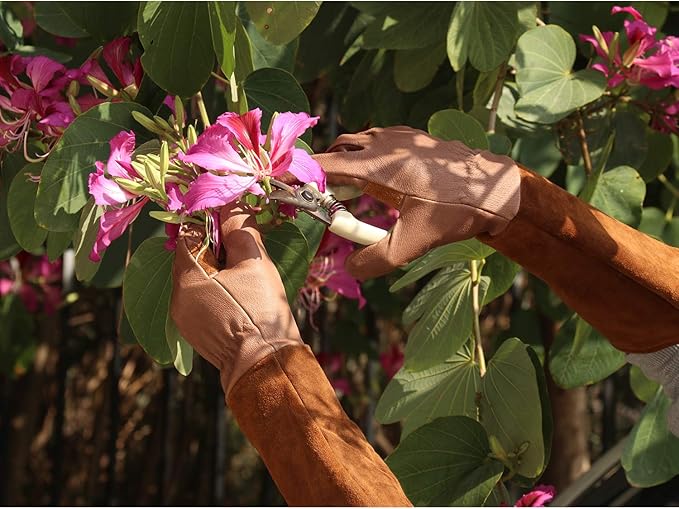 HANDLANDY Long Gardening Gloves for Men & Women, Cowhide Leather Rose Pruning Gloves- Breathable & Durable Gauntlet Gloves (Large, Brown)