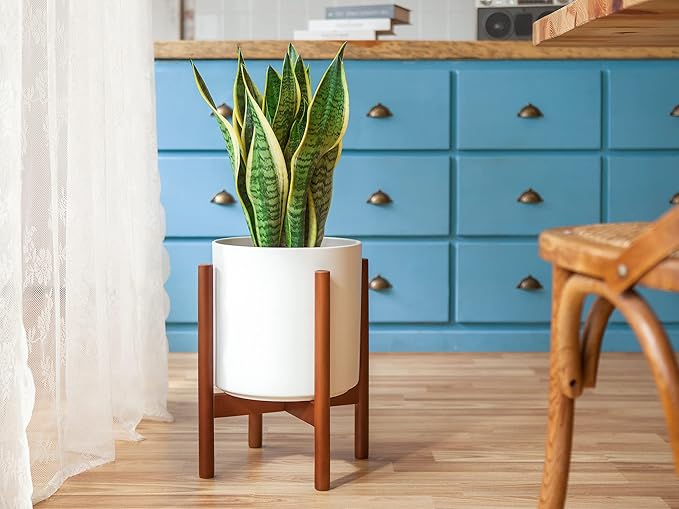 Mkono Plant Stand Mid Century Wood Flower Pot Holder (Plant Pot NOT Included) Modern Potted Stand Indoor Display Rack Rustic Decor, Up to 10 Inch Planter, Brown