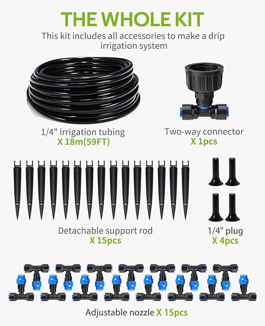 HIRALIY 59FT Greenhouse Mist Drip Irrigation Kit, Hanging Plant Watering, Garden Watering System with 1/4" Blank Tubing and Misting Nozzles, Quick Connector Design Automatic Irrigation System