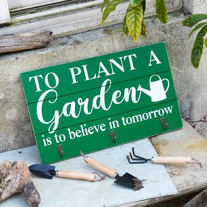 COLLECTIVE HOME - Garden Decor with Tools, Inspirational Wood Hanging Signs, Garden Tools Set - 3 Piece, Out Door Decor with Hooks, to Plant a Garden is to Believe in Tomorrow, 15.75"x9.5" (Green-2)