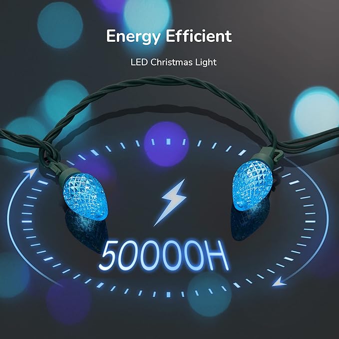 DEWENWILS C7 Outdoor Christmas Lights - 33.3FT 50LED String Decorations for House, Tree, Patio, Garden, Yard - Green Wire, Turquoise, UL Listed