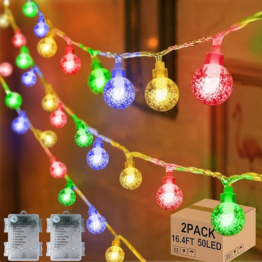 2 Pack Globe String Lights Indoor Bedroom Battery Operated, 16.4ft 50LED Crystal Fairy Light IP44 Waterproof Outdoor Hanging Decorative Lights for Home Tent Patio Garden Party Decor