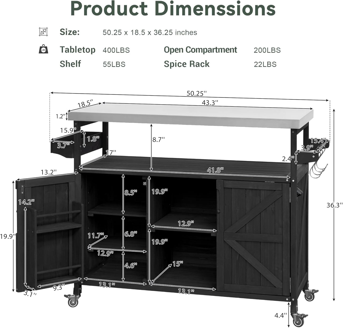 50.25" W Grill Cart with Stainless Steel Tabletop - Outdoor Storage Cabinet for BBQ, Bar Patio Kitchen Island with Ample Storage and Lockable Wheels