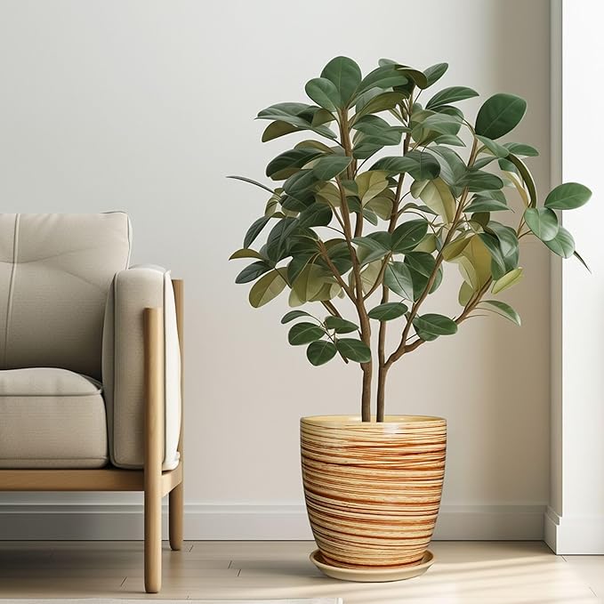 10 Inch Plant Pot Ceramic Pots for Plants with Drainage Hole and Saucer Round Flower Pot for Home Patio Garden Office Yellow