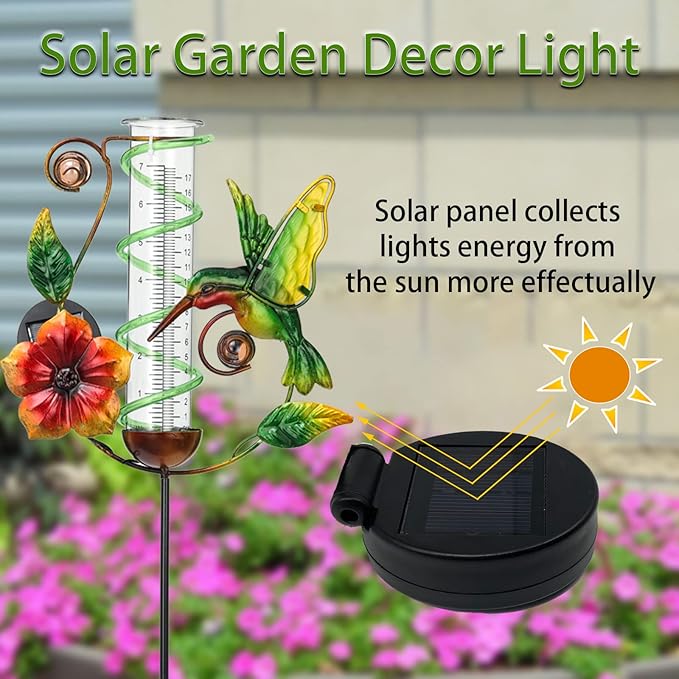 BAYN 36.3” Rain Gauge Outdoor Solar Powered 10 LEDs 7” Tube Garden Hummingbird Metal Decorative Stake with Waterproof Large Glass Tube Rain Guage for Yard, Garden, Patio, Lawn