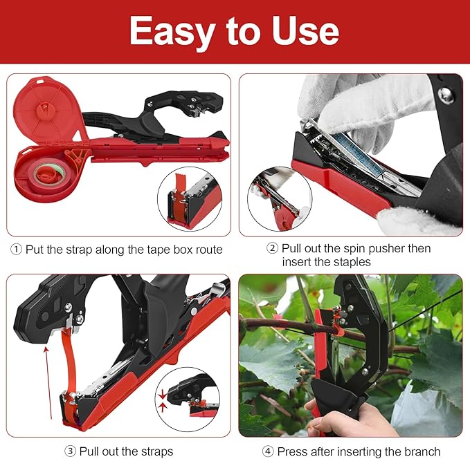 Upgraded Plant Tying Machine Gun to Tie Up Vine Tomatoes and Grapes Quickly Garden Tape Tool for Gardeners Farmers with SK5 Blade Replacement Garden Tapes and Staples
