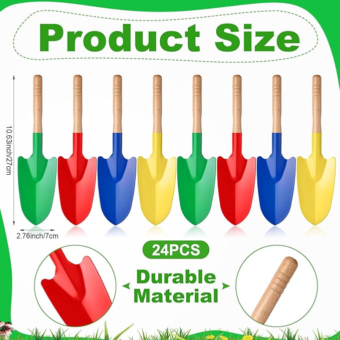 Gisafai 24 Pcs Toy Shovels for Kids Gardening Tools Kids Shovel Mini Metal Garden Shovel Sand Shovels for Kids with Sturdy Wooden Handle for Toddler Soil Planting Digging Tools, 4 Colors