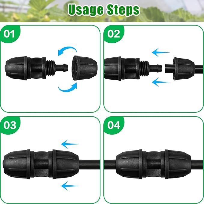 JAYEE 1/4 Inch Drip Irrigation Fittings Barbed Coupling Connectors, 25 Pcs Drip Line Parts for for ¼ In. Tubing, Irrigation Coupler with Locked Nuts for Trees, Shrubs, Sprinkler Systems, Black