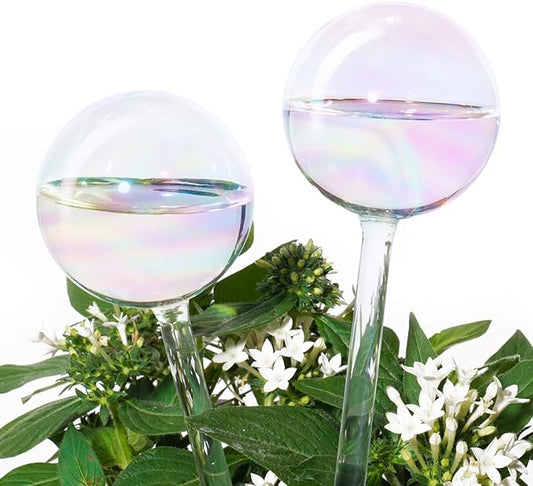 [2 PCS] Light Iridescent Rainbow Gradient Color Clear Glass Self-Watering System Spikes, Automatic Plant Waterer Bulbs