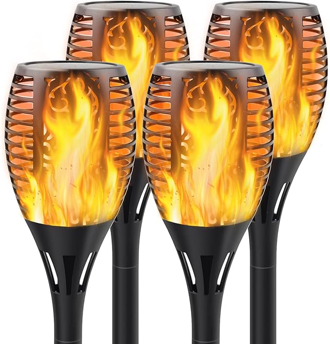 Solar Torch Lights with Flickering Flame, Fire Effect Garden Light, Auto On/Off Dust to Dawn, Outdoor Waterproof Landscape Decoration, Solar Powered Security Torch Light for Patio, 4 Pack