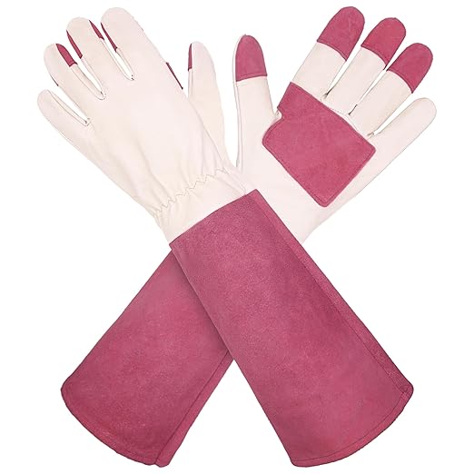 HLDD HANDLANDY Gardening Gloves for Women & Men, Pigskin Long Sleeve Rose Pruning Gloves, Thorn Proof Garden Work Gauntlet (Small, Rose)