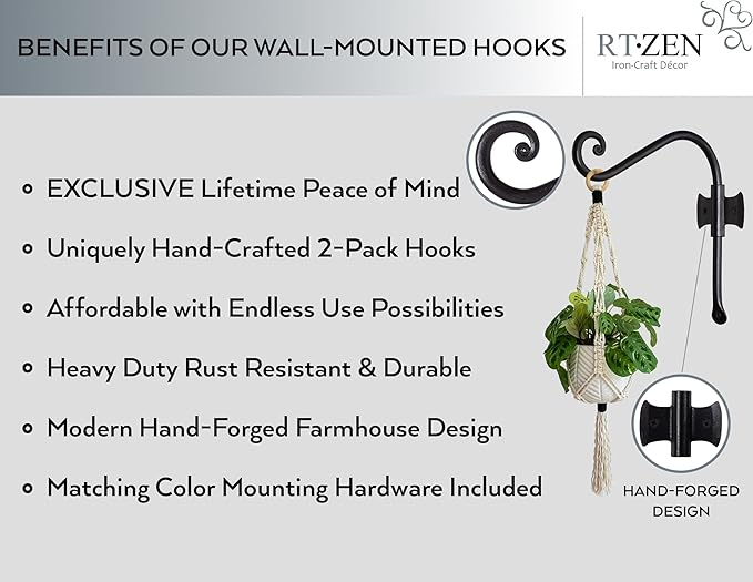 RTZEN Plant Hangers Outdoor or Indoor - Wrought Iron Metal Hanger Indoor Hook - Heavy Duty Wall Bracket Hooks for Hanging Plants Baskets Lanterns Wind Chimes - 2 Pack (Black Axe-Shape Hooks)