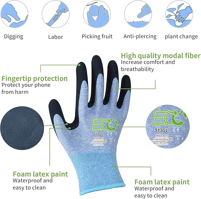 7 Pairs Women Gardening Gloves, EN388 2131X Outdoor Protective Work Gloves with Breathable Micro-Foam Coating for Gardening, General Purpose, Courtyard, 3 Purple + 3Blue +1 Grey