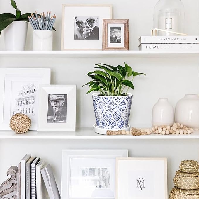 Blue and White Ceramic Pots for Plants, Decorative Plant Pots Round Ceramic Planters for Indoor Plants Pots with Drainage Hole Saucers, Retro Planter Pot for Succulents Cactus Flowers Outdoor 4.8/5.5"