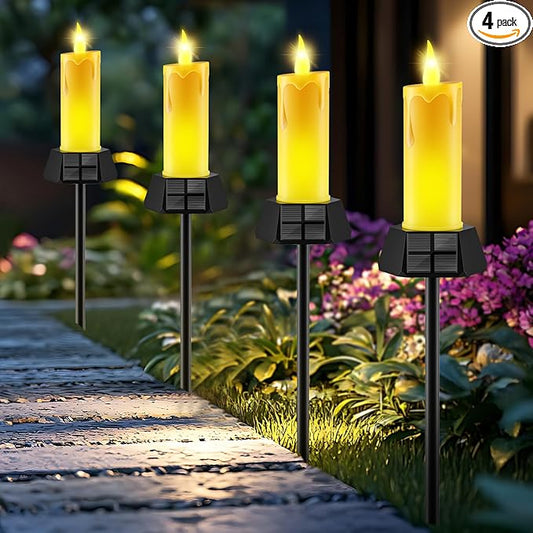 Solar Lights Outdoor Waterproof, Electric LED Flameless Candles with 3 Solar Panels, Solar Pathway Lights for Garden Yard Home Outdoor Party Camping Decorations, 4 Pack