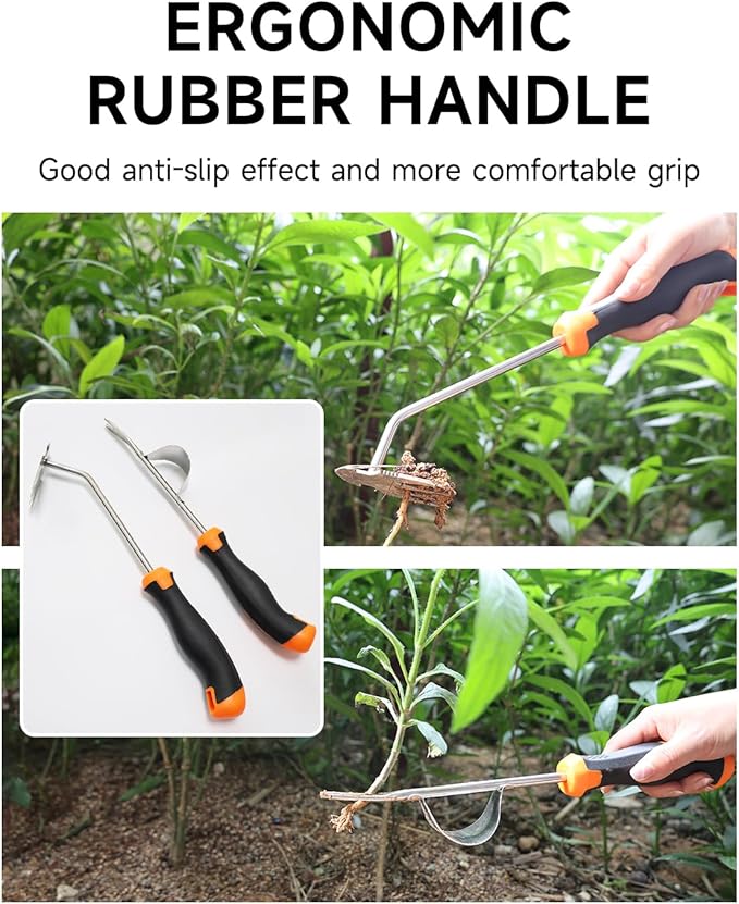 Weed Puller Tool Set with Ergonomics Rubber Anti-Slip Handle - 2 PCS Thickened Steel Hand Weeding Tool, Uprooting Gardening Weeder Tool for Garden, Farm, Corner, and Crevice - Orange