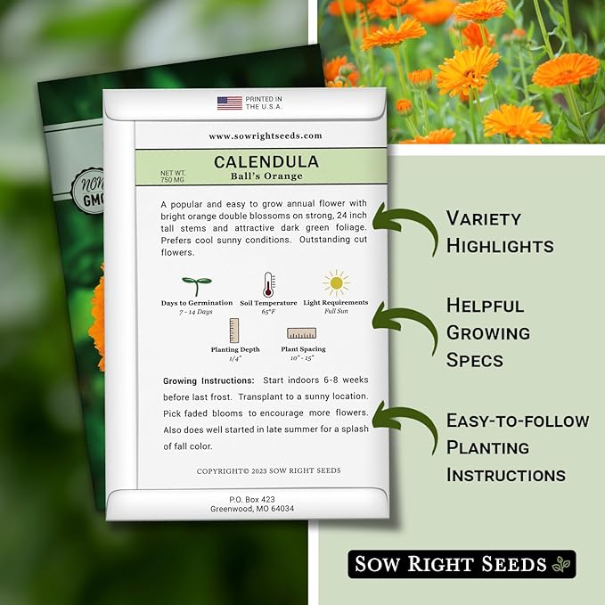 Sow Right Seeds - Ball’s Orange Calendula Seeds for Planting - Non-GMO Heirloom Packet with Instructions to Plant a Home Garden - Medicinal Orange Blooms That Pollinators Love - Grow Herbal Tea (1)
