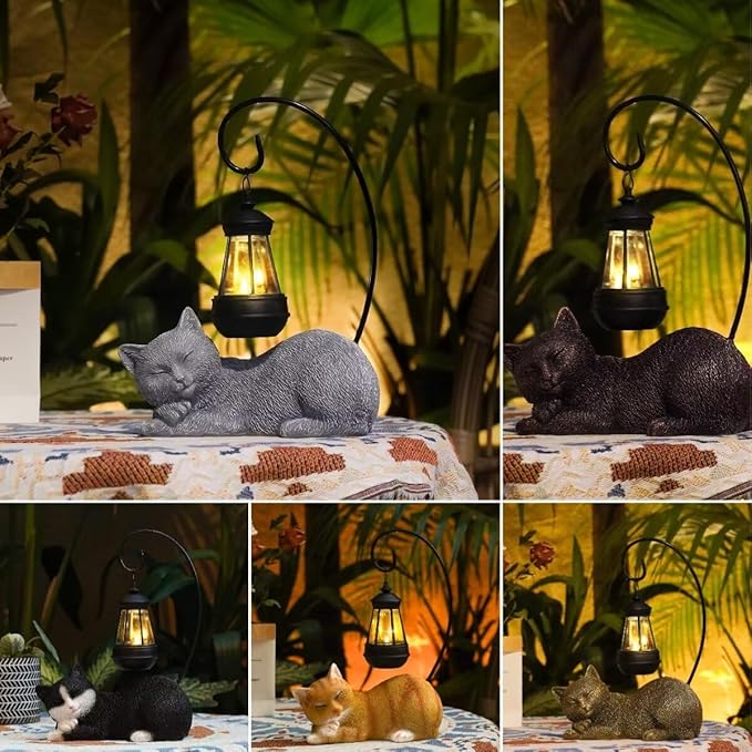 Solar Cat Statues with Lantern for Garden Outdoor Statue, Garden Lawn Outdoor Cat Statue, Cat Figurines Crafted Garden Sculptures & Statues for Patio, Yard, Lawn & Porch Gardening Gifts for Mom(13")