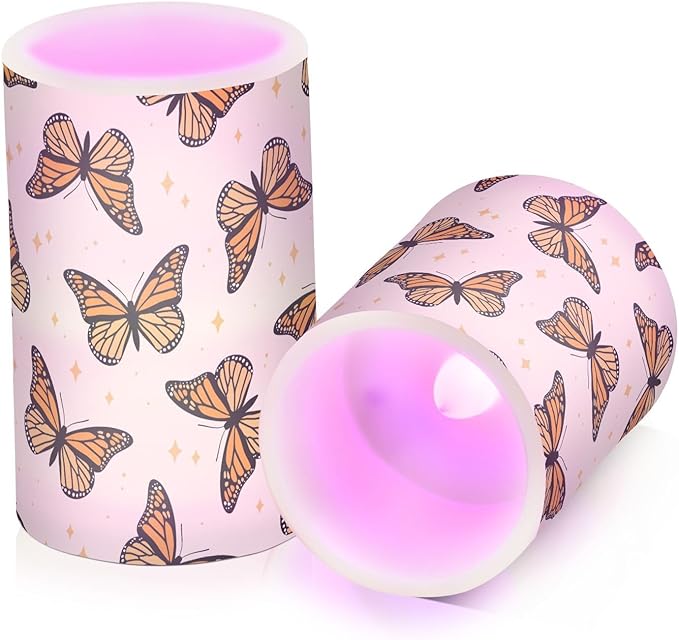 Flickering Flameless Candles, Monarch Butterflies LED Candles with Remote Timer, Set of 2 Battery Operated Candle for Valentine Wedding Birthday