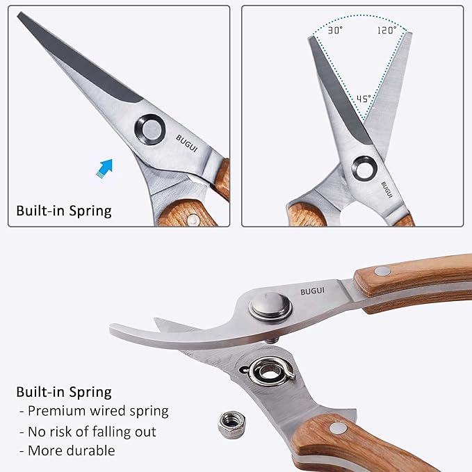 BUGUI Wood Handle Garden Shears, Long Straight Tip, All Steel Construction, Sharp, Well Designed Garden Scissors, 8"