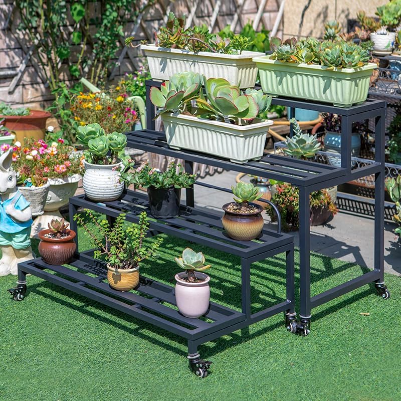 Metal Plant Stand for Outdoor Indoor, 4-Tier Aluminum Plant Stands, Multiple Plants Shelf with Universal Wheel, Flowers Pot Holder Rack for Lawn Garden Balcony Patio