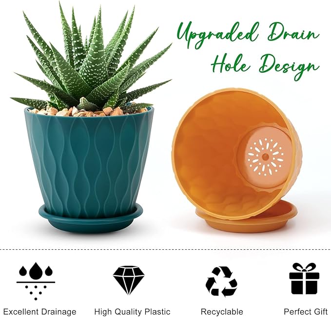 6 inch Plant Pots, 5 Pack Flower Pots Outdoor Indoor, Planters with Drainage Holes and Tray Saucers