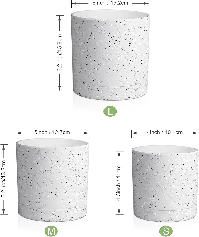 6/5/4 inch Plant Pots, 3 Pack Cylinder Flower Pots for Small Indoor Outdoor Plants, Plastic Planters with Drainage Holes and Saucers for Garden Succulent House Plants, Speckled White