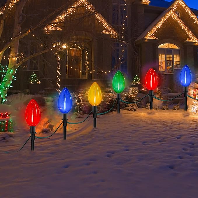 Jumbo C9 Christmas Pathway Lights Outdoor - 2 Pack Total 14 FT 8 LED C9 Giant Clear Multicolor Christmas Walkway Lights for Lawn Holiday Yard Garden Driveway Xmas Decorations