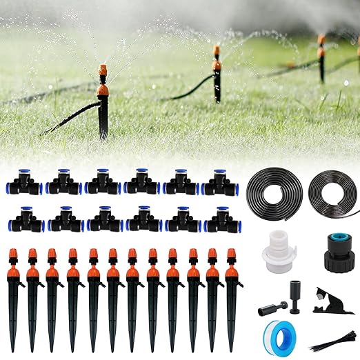 New drip Irrigation kit, Automatic Garden Watering System, Quick Connector and 360-degree Bending Dropper atomizing Copper Nozzle, Garden Plant Lawn Courtyard Watering System. (emitters with Piles)