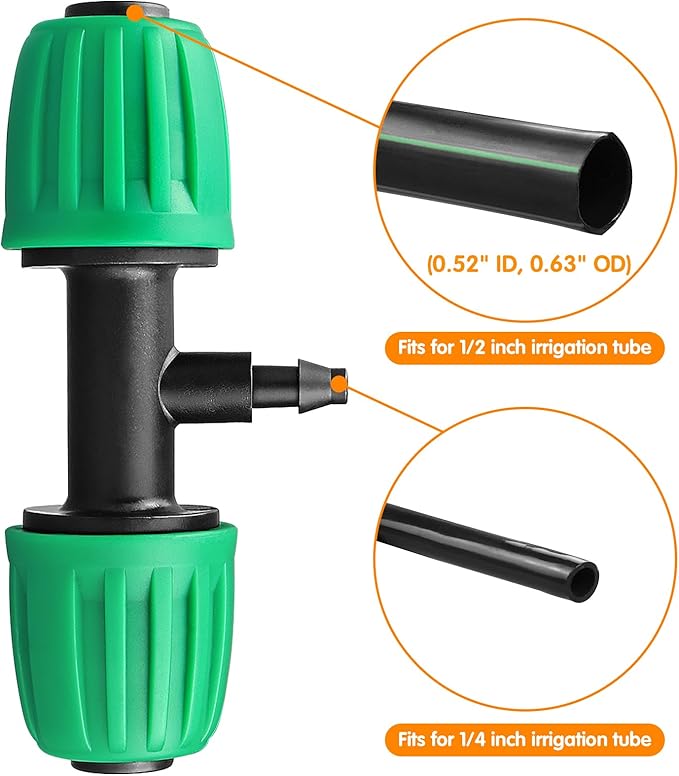 Drip Irrigation Fittings for 1/2 inch Tubing(0.63" OD) to 1/4 inch Irrigation Tubing, 12 Pieces Barbed Tee Drip Parts Twist Locked 3 Way Connectors for Drip Irrigation Hose (13mm ID / 4mm ID)