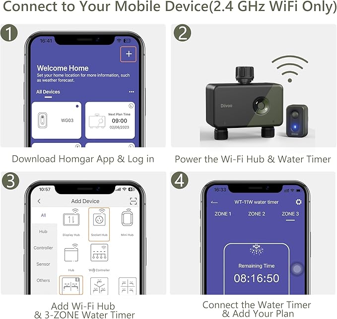 WiFi Sprinkler Timer 2 Zone, Diivoo Programmable Water Hose Timer 2 Outlet for Garden, Automatic Irrigation Timer IP54 with Rain Delay/Manual/Auto Mode, Outdoor Hose Timer Controller for Lawn, Yard