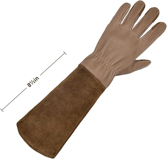 HANDLANDY Long Gardening Gloves for Men & Women, Cowhide Leather Rose Pruning Gloves- Breathable & Durable Gauntlet Gloves (Large, Brown)