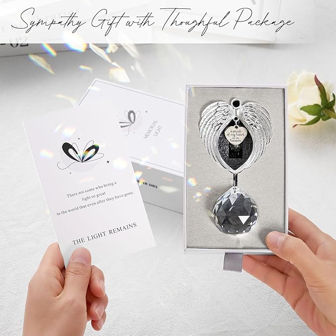 Sympathy Gift Modern Grief Gift for Lose of Loved Ones, Memorial Suncatcher with 40mm Crystal Ball, Sorry for Your Lose Rainbow Maker, Bereavement Gift Idea Angel Wings Design, Clear