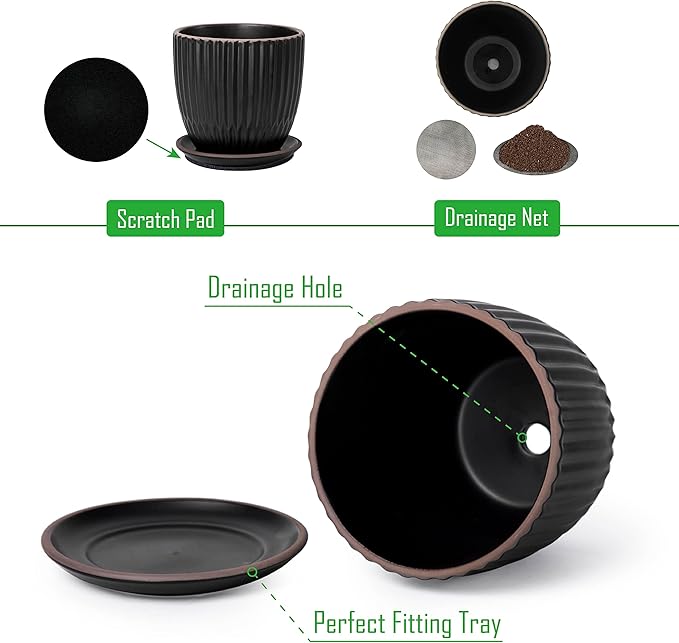 D'vine Dev Set of 2 Stoneware Planter Pots, Ceramic Pot with Drainage Hole and Saucers, 4.5 Inch 5.8 Inch, Black, 99-D-2