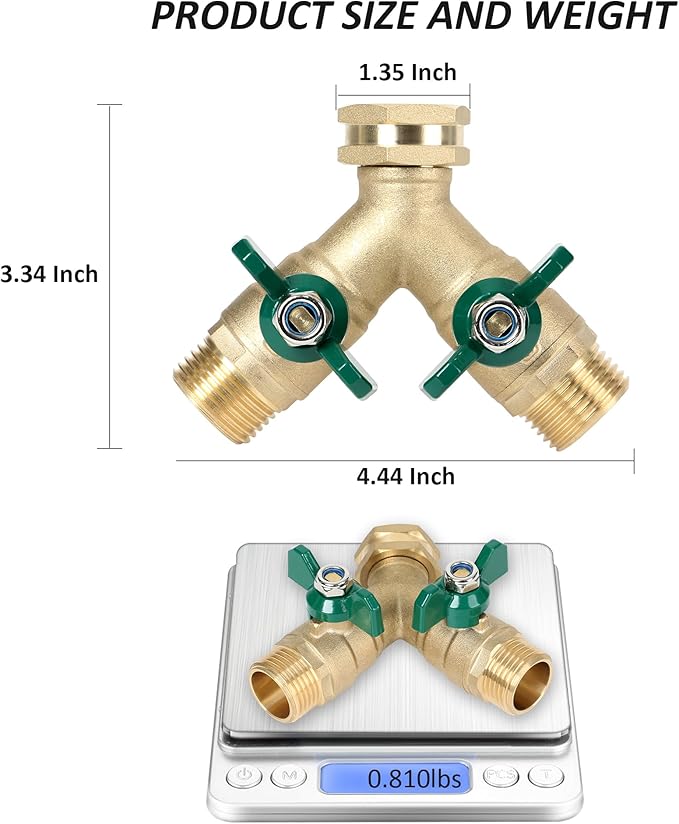 STYDDI Garden Hose Splitter Full Flow, Brass Heavy Duty Hose Splitter 2-Way High Flow, All Metal Hose Y Splitter with Shutoff, Outdoor Faucet Splitter Hose Connector, Water Hose Y Valve Tap Adapter