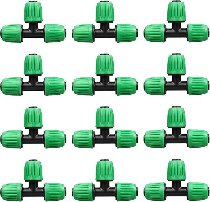 Drip Irrigation Fittings for 1/2 inch Tubing (0.60"-0.63" OD), 12 Pieces Barbed Tee Drip Parts Locked Tee Connectors, 3 Way Drip Line Nuts Connectors for 1/2" Drip Irrigation Hose (13mm ID)