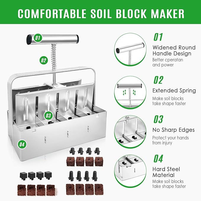 Soil Blocker, 8 Cell Soil Blocker for Seed Starting, 2 inch Manual Soil Block Maker, Seed Blocker, Durable Seed Block Maker, Soil Blocking Tool, Soil Blocker Kit, Soil Block Trays