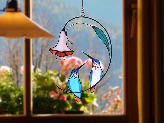 Lolitarcrafts Hummingbird with Flower Stained Glass Suncatcher Bird Stained Glass Window Hangings Hummingbird Gift for Home Decor (Blue 1 Pair)