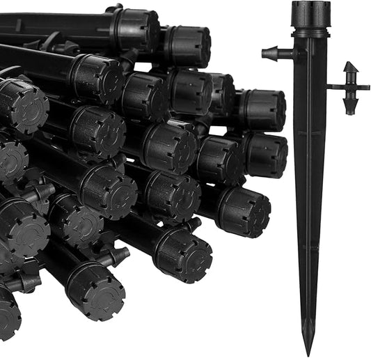 Retisee 50 Pcs Adjustable Flow 0-18 GPH Drip Irrigation Emitters 8 Holes Irrigation Drippers with Stake 360 Degree Irrigation Sprinkler Head Fit 1/4 Inch Drip Irrigation System for Garden Watering