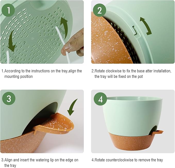 12 inch Large Self Watering Pots, Plastic Planters with 60oZ Removable Deep Reservoir and Multi Mesh Drainage Holes for Indoor Outdoor Garden Plants and Flowers, Green with Brown